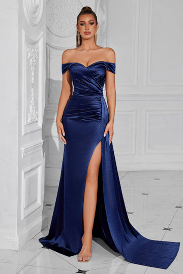 Off the Shoulder Satin Ruched Navy Formal Dress